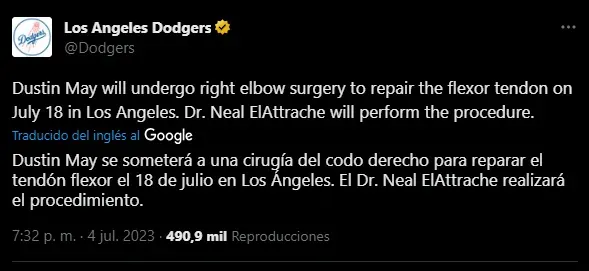 Dustin May se pierde por lesión el resto de la MLB 2023 (Foto: Twitter / @Dodgers)