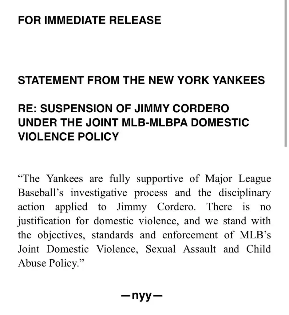 Respuesta de Yankees a suspension de Jimmy Cordero (Foto: Twitter &/ @BryanHoch)