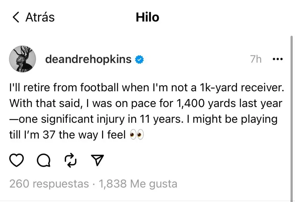 Mensaje de Hopkins sobre el retiro de la NFL (Foto:  Threads / @deandrehopkins)