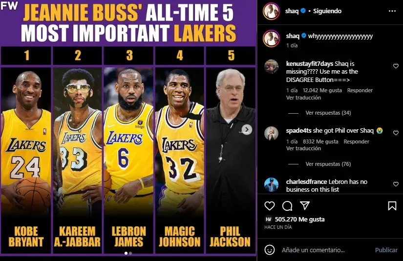 Reaccion de O’Neal sobre los 5 más importantes de Lakers (Foto: Instagram / @shaq)
