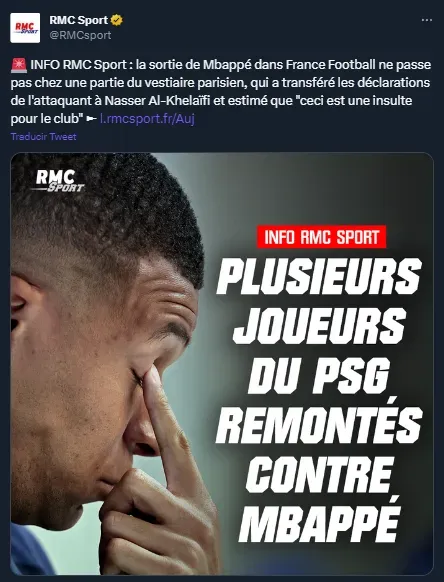RMC Sport apunta el descontento de todo PSG contra Mbappé.