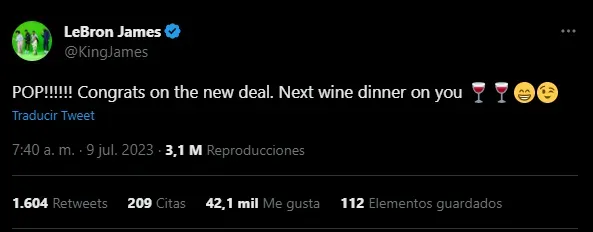 Mensaje de LeBron para Gregg Popovick (Foto: Twitter / @KingJames)