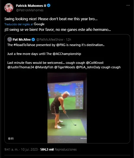 Pedido de Mahomes a Pat McAfee (Foto: Twitter / @PatrickMahomes)