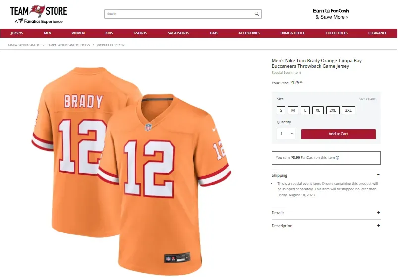 La camiseta de Brady en Bucs se vende para la NFL 2023 (Foto: https://shop.buccaneers.com/)