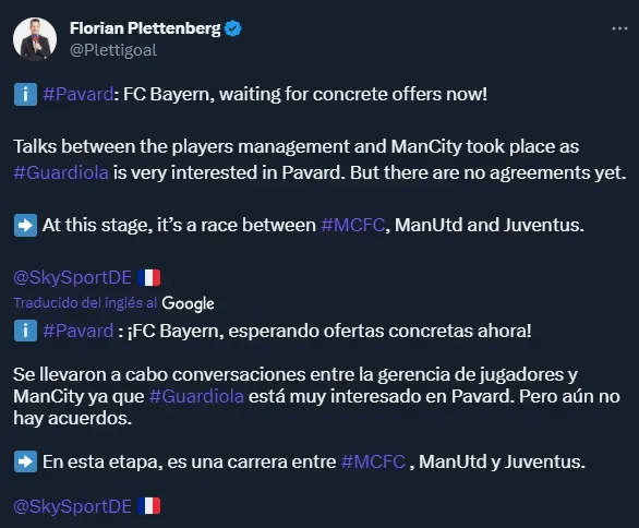 Pavard será negociado (Twitter @Plettigoal)