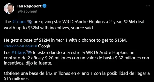 DeAndre Hopkins sera nuevo jugador de los Titans (Foto: Twitter / @RapSheet)