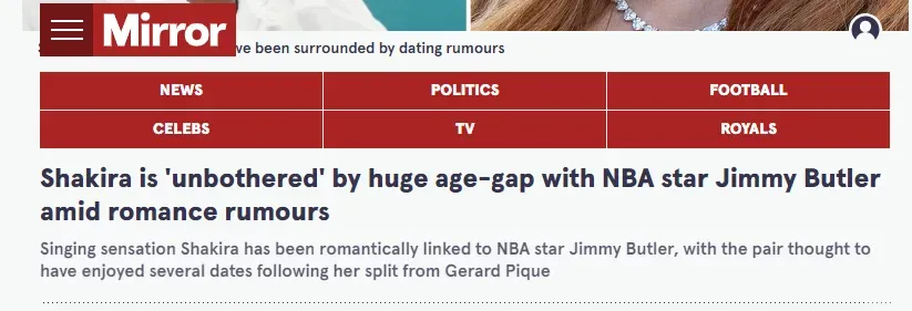 Noticia sobre Shakira y Jimmy Butler en The Mirror (Foto: https://www.mirror.co.uk)