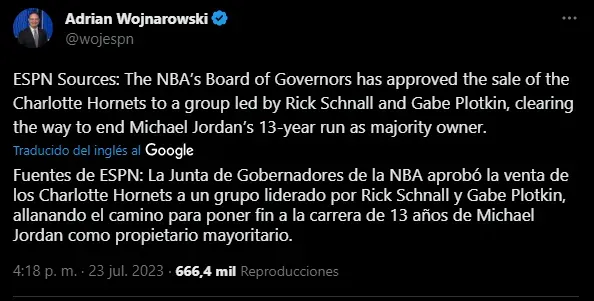 Se confirmo la salida de Jordan como dueño en la NBA (Foto: Twitter / @wojespn)