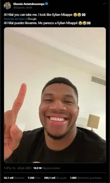 Giannis se ofrece a reemplazar a Mbappé en Al Hilal (Foto: Twitter / @Giannis_An34)