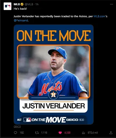 Verlander a los Astros (Foto: Twitter / @MLB)