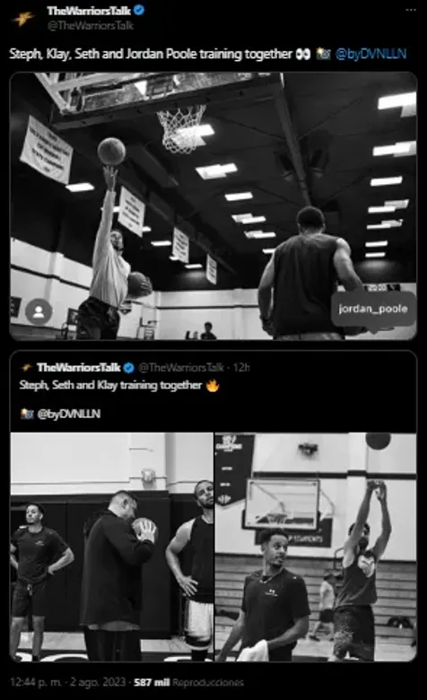 Curry y Thompson entrenado con Poole (Foto: Twitter / @TheWarriorsTalk