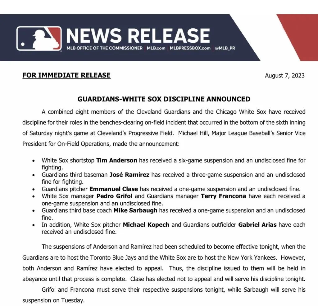 Suspension a José Ramírez por pelea vs. Anderson (Foto: Twitter / @Enrique_Rojas1)