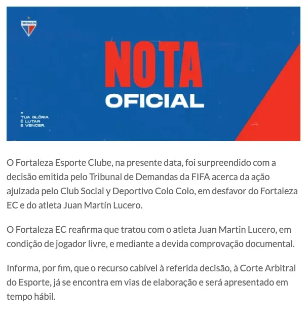 La respuesta de Fortaleza por el caso Juan Martín Lucero y la demanda de Colo Colo.