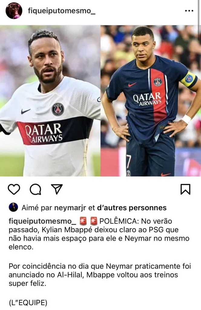 El like de Neymar en Instagram a la publicación que describió su conflicto con Kylian Mbappé.