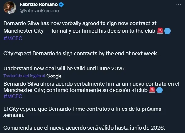 Los detalles del acuerdo Bernardo Silva-Manchester City (Twitter @FabrizioRomano).