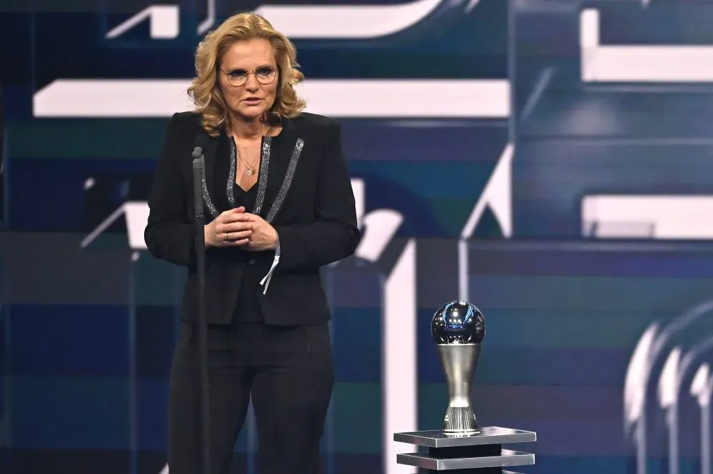 PARIS, FRANCE – FEBRUARY 27: Sarina Wiegman speaks to the audience after being presented with the Best FIFA Women’s Football Coach 2022 award during The Best FIFA Football Awards 2022 on February 27, 2023 in Paris, France. (Photo by Aurelien Meunier/Getty Images)
