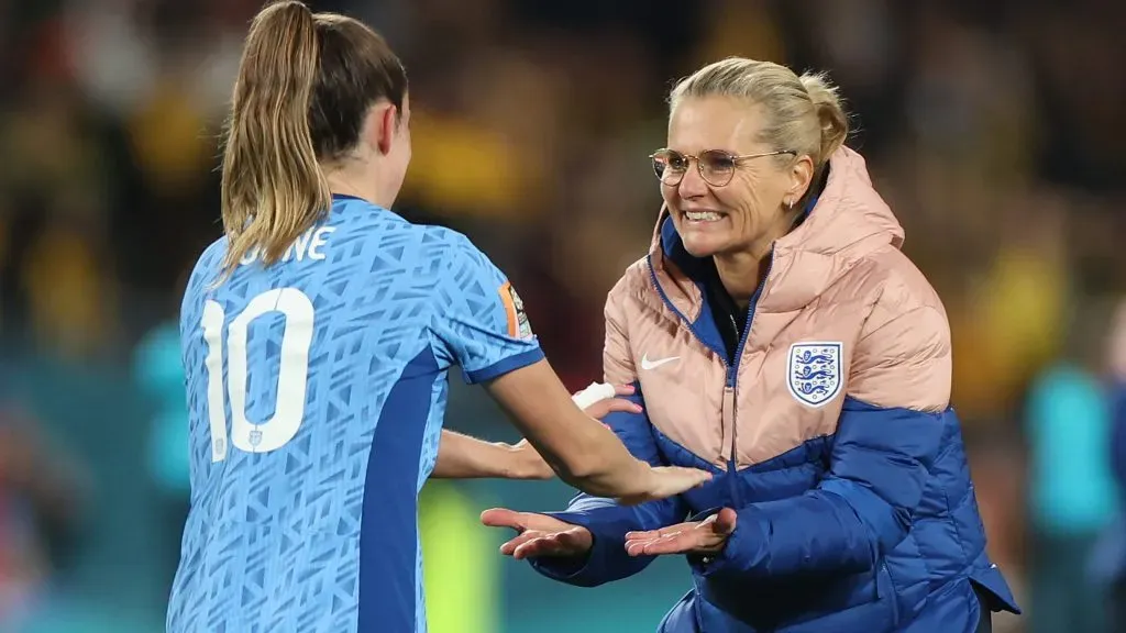 SYDNEY, AUSTRALIA – AUGUST 16: Sarina Wiegman, Head Coach of England, celebrates victory with Ella Toone of England after defeating Australia during the FIFA Women’s World Cup Australia & New Zealand 2023 Semi Final match between Australia and England at Stadium Australia on August 16, 2023 in Sydney, Australia. (Photo by Catherine Ivill/Getty Images)
