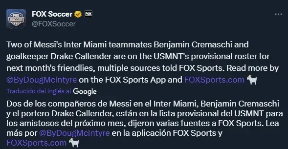 Cremaschi y una inminente convocatoria para Estados Unidos (Twitter @FOXSoccer).
