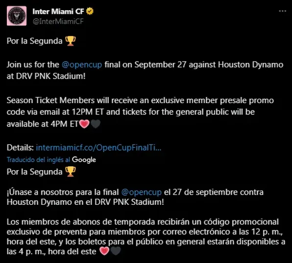 Inter Miami vs Houston Dynamo jugaran final de US Open Cup (Foto: Twitter / @InterMiamiCF)