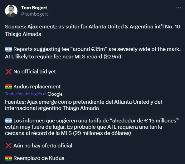 La situación de Almada y el interés de Ajax (Twitter @tombogert).