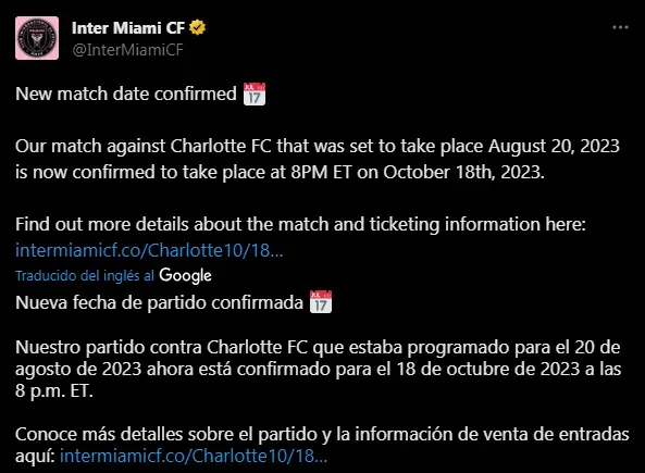 Nuevo partido de Inter Miami en MLS 2023 (Foto: X / @InterMiamiCF)