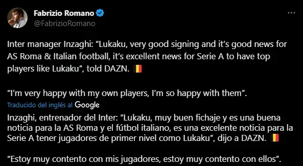 Inzaghi sobre Lukaku a la Roma (Foto: X / @FabrizioRomano)