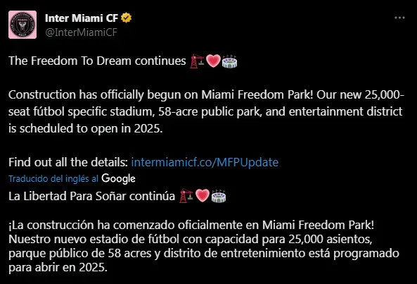 Inter Miami anuncio la construccion de su nuevo estadio (Foto: X / @InterMiamiCF)