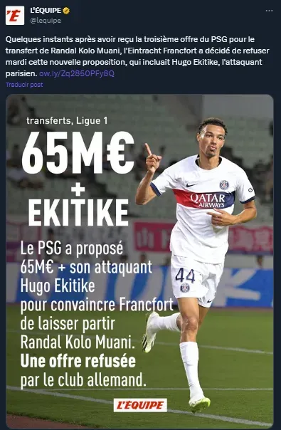 La nueva oferta de PSG por Kolo Muani (Twitter @lequipe)