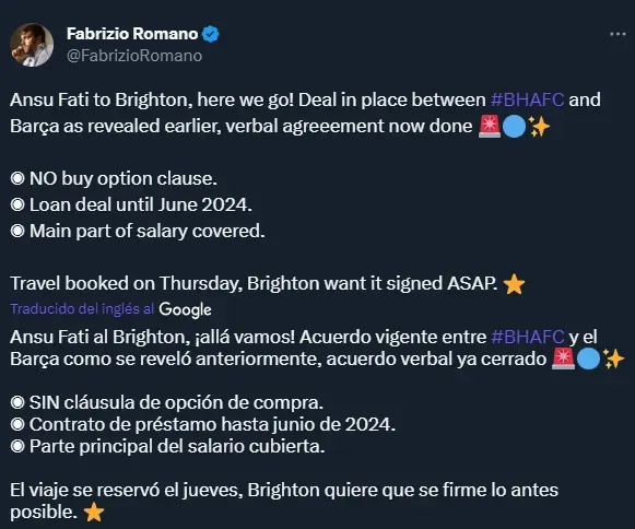Los detalles del acuerdo por Ansu Fati (Twitter @FabrizioRomano).