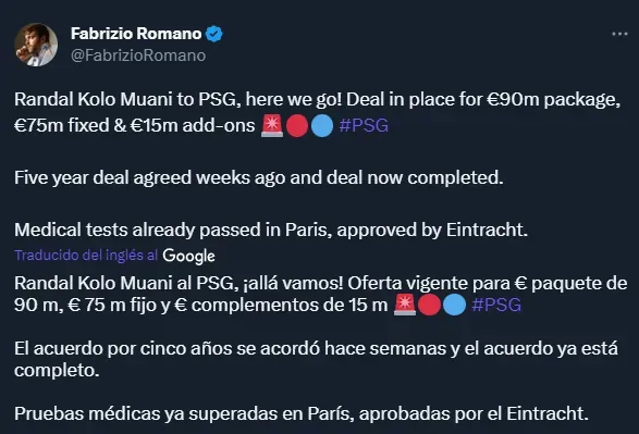 Los detalles del pase de Kolo Muani a PSG (Twitter @FabrizioRomano).