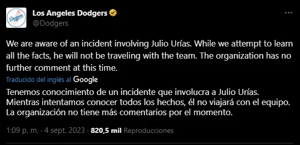 Mensaje de Dodgers por arresto de Urías (Foto: X / @Dodgers)