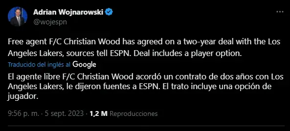 Nuevo refuerzo de Lakers (Foto: X / @wojespn)