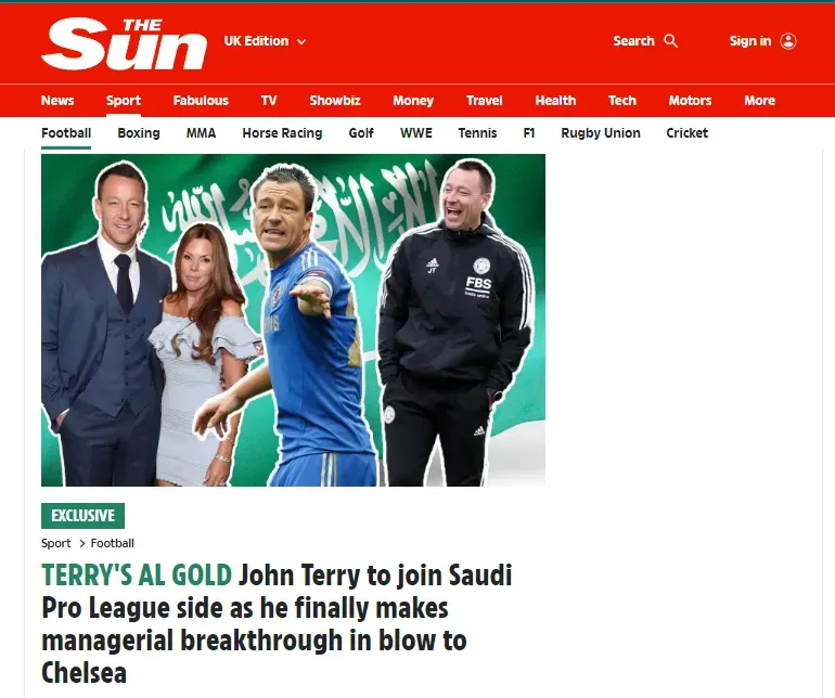Portada de The Sun con la noticia del interés de Al Shabab en Terry.