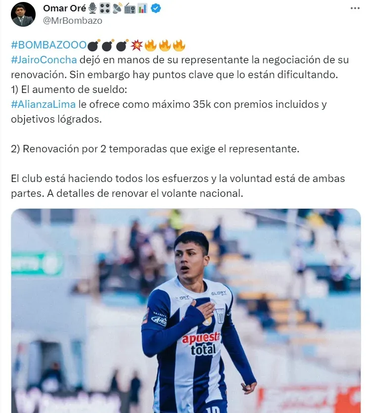 Las exigencias de Jairo Concha para renovar con Alianza Lima. Foto: @MrBombazo.