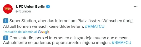 El tuit del Unión Berlín con el que se quejó de la señal de internet del Santiago Bernabéu.