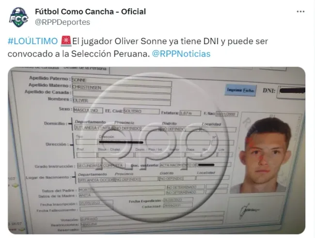 Oliver Sonne ya es peruano y así luce en su DNI. | Créditos: @RPPDeportes.