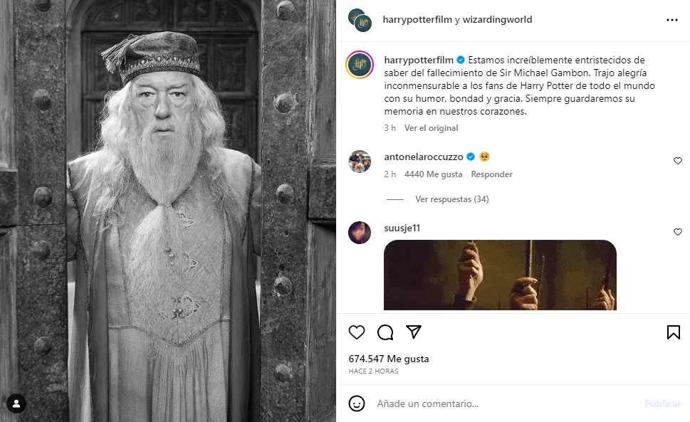 La reacción de Anto Roccuzzo a la muerte de Dumbledore (Instagram).