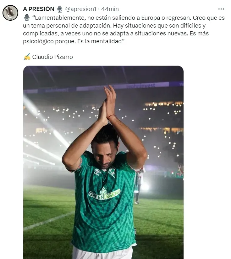 Claudio Pizarro habló sobre los futbolistas peruanos que han ido a Europa. | Créditos: Twitter @apresion1.