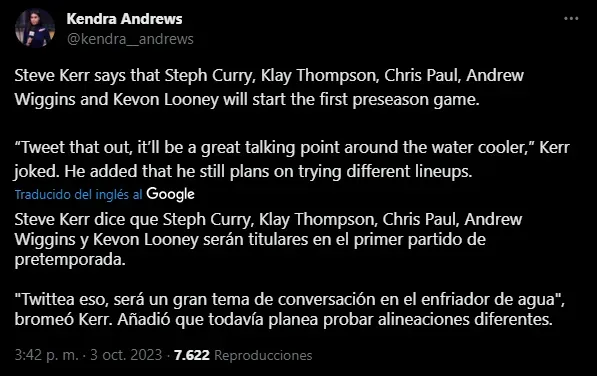 Formacion titular de Warriors vs Lakers. (Foto: X / @kendra_andrews)