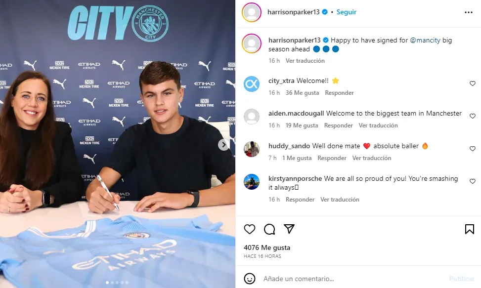 Harrison Parker, tras firmar con Manchester City (Instagram @harrisonparker13)