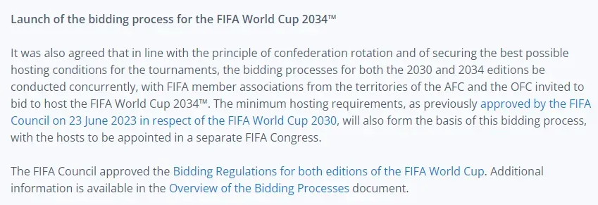 Comunicado de FIFA sobre la apertura del proceso de candidatura para el Mundial 2034.