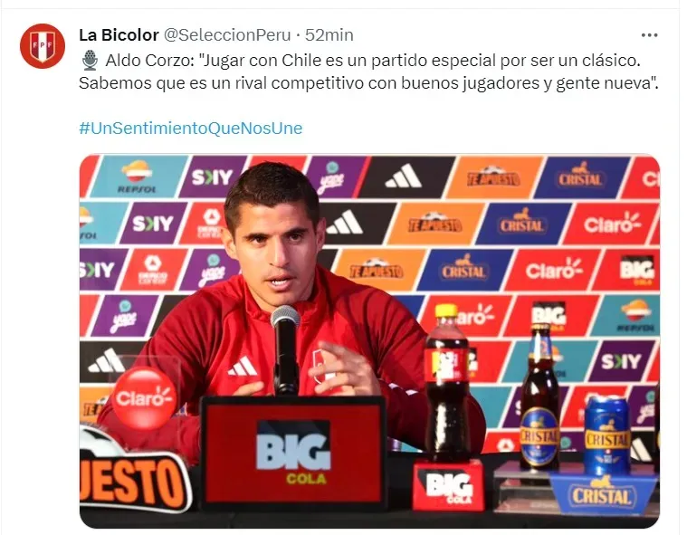 Aldo Corzo habló sobre los duelos de la Selección Peruana ante Chile y Argentina. | Créditos: Twitter @SeleccionPeru.