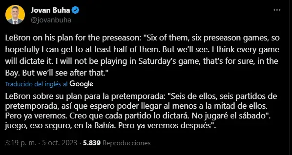 LeBron no jugara en Warriors vs. Lakers. (Foto: X / @jovanbuha)