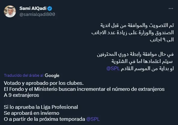 Se viene un cambio revolucionario en las reglas de la liga saudí (Twitter @samialqadi800).