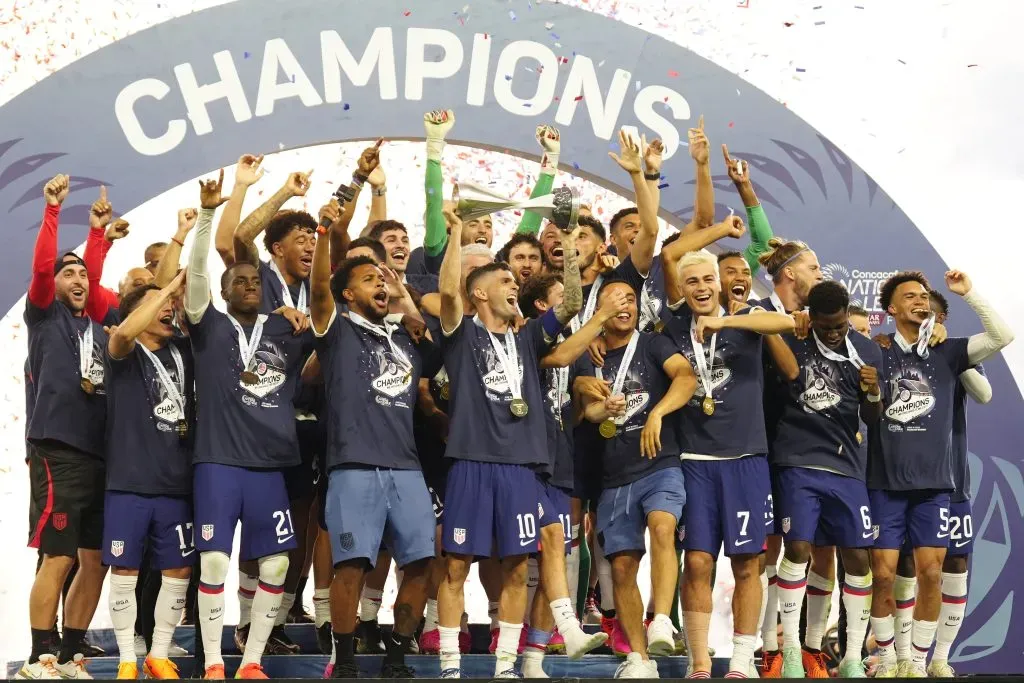 LAS VEGAS, NEVADA – JUNE 18: Christian Pulisic #10 of the United States holds up the trophy celebrating the win over Canada during the 2023 CONCACAF Nations League Final at Allegiant Stadium on June 18, 2023 in Las Vegas, Nevada. (Photo by Louis Grasse/Getty Images)