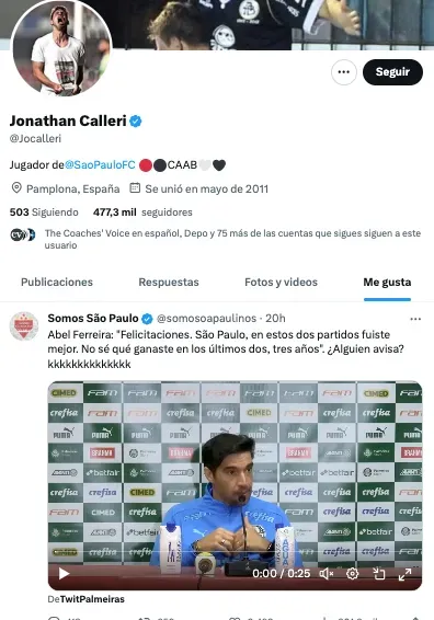 El like de Calleri contra Abel Ferreira.