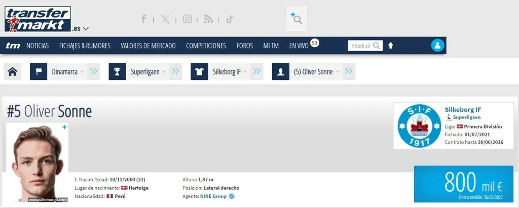 El valor de Oliver Sonne previo a llegar a la Selección Peruana. | Créditos: Captura de Transfermarkt.