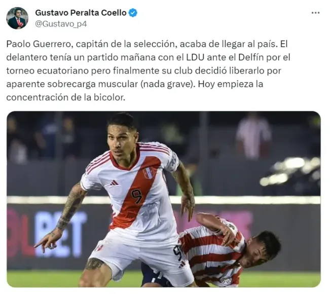 La situación de Paolo Guerrero en la Selección Peruana. | Créditos: Twitter Gustavo Peralta.