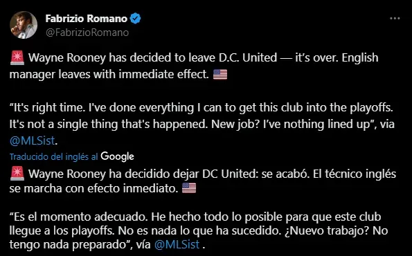 Rooney renuncio a DC United  (Foto: X / @FabrizioRomano)