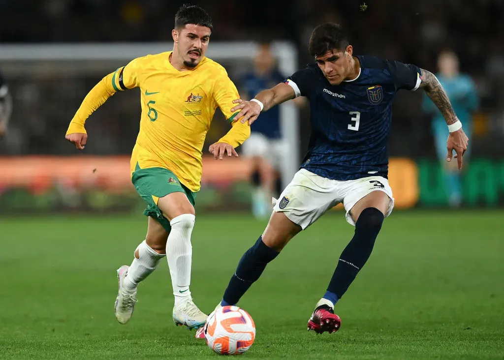 MELBOURNE, AUSTRALIA – MARCH 28: Marco Tilio of the Socceroos and Piero Hincapie of Ecuador compete for the ball during the International Friendly match between the Australia Socceroos and Ecuador at Marvel Stadium on March 28, 2023 in Melbourne, Australia. (Photo by Quinn Rooney/Getty Images)